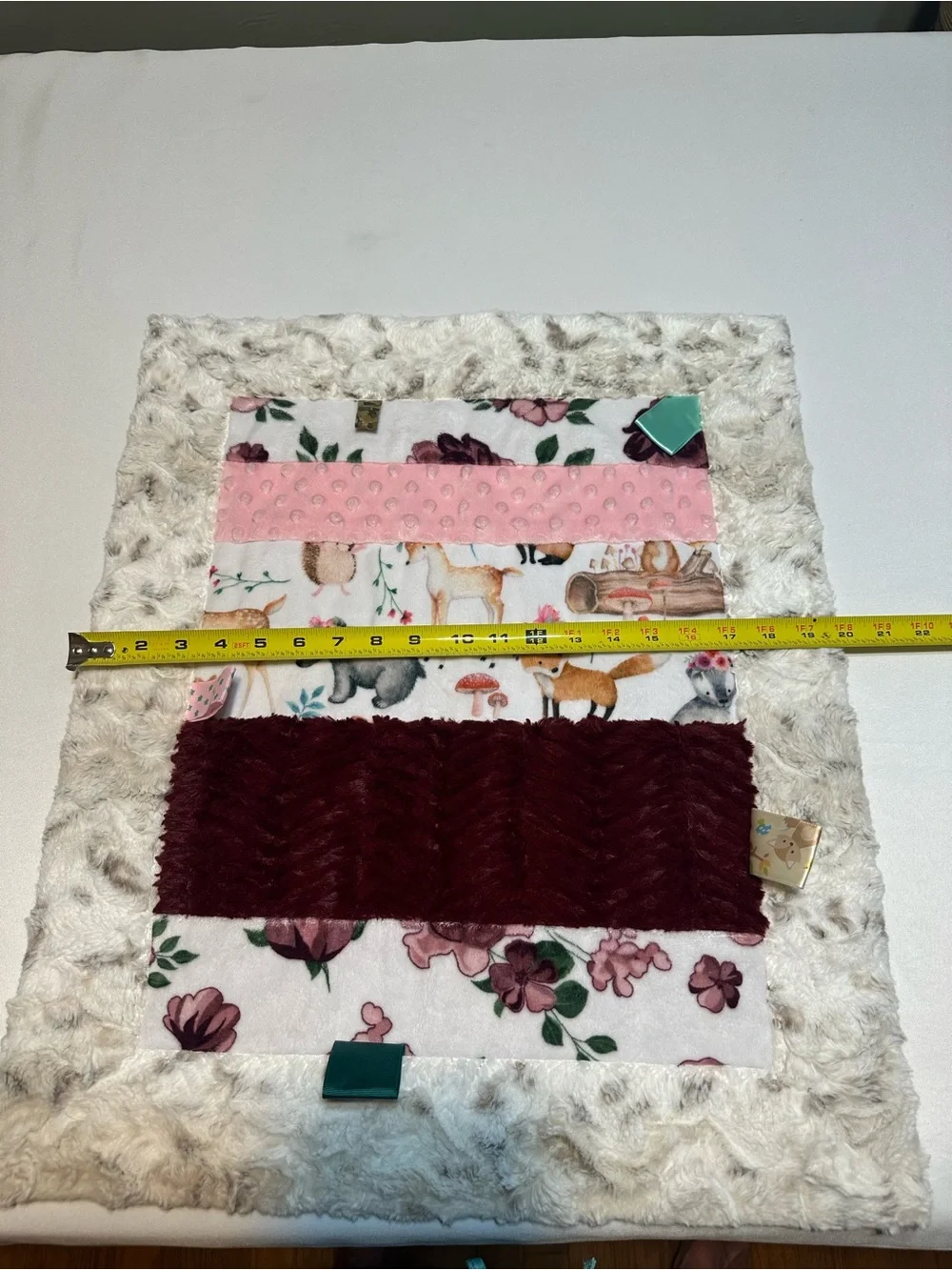 Woodland Floral Forest minky taggie & Burp Cloth Set - Pink, Cream & Burgundy